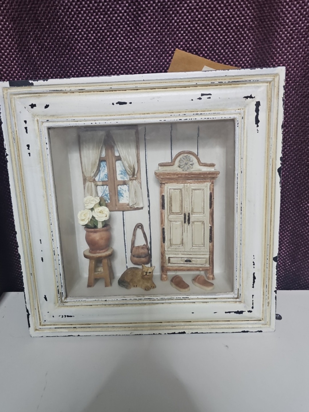 Vintage-Inspired White Shadow Box Wall Art with Country Scene